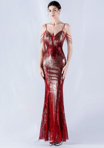 Women sequined beaded evening dress