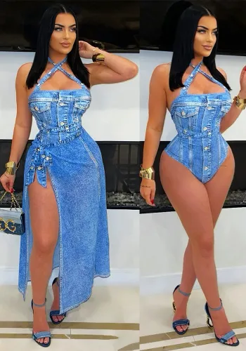 Women Sexy Off Shoulder Blue Denim Print Two Piece Set