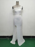 Women Beaded One Shoulder Slash Shoulder Split Sequin Evening Dress