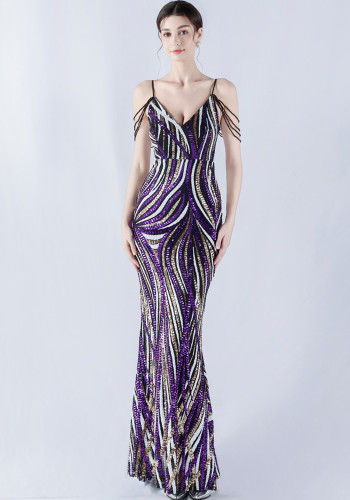 Women sequined striped color matching maxi evening dress