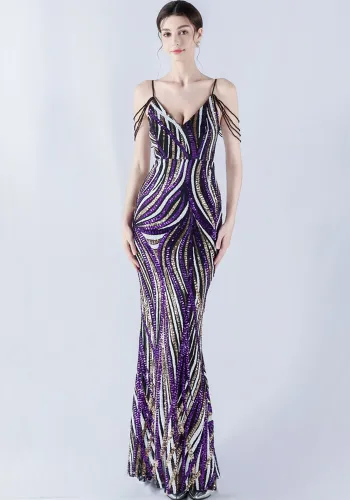 Women sequined striped color matching maxi evening dress