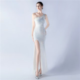 Women Beaded One Shoulder Slash Shoulder Split Sequin Evening Dress