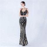 Women sequined striped color matching maxi evening dress