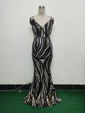 Women sequined striped color matching maxi evening dress