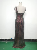 Women Beaded One Shoulder Slash Shoulder Split Sequin Evening Dress
