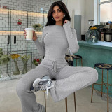 Women Autumn and Winter Crop Long Sleeve Top Lace Bell Bottom PantTwo Piece Set