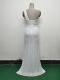Women Beaded One Shoulder Slash Shoulder Split Sequin Evening Dress