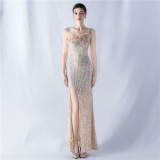 Women Beaded One Shoulder Slash Shoulder Split Sequin Evening Dress