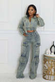Women's Fashion Sexy Multi-Pocket Washed Denim Casual Top Pants Two-Piece Set