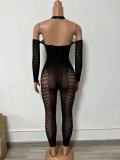 Solid Color Halter Neck Chain Sleeve Hollow See-Through Low Back Sexy Tight Fitting Jumpsuit