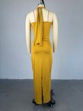Women's Autumn Halter Neck Flower Decoration High Waist Long Dress
