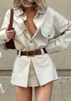 Autumn Women's Fashion Street Button Fake Pocket Long Sleeve Shirt Dress