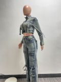 Women's Fashion Sexy Multi-Pocket Washed Denim Casual Top Pants Two-Piece Set
