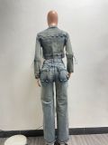 Women's Fashion Sexy Multi-Pocket Washed Denim Casual Top Pants Two-Piece Set