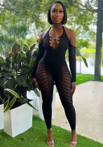 Solid Color Halter Neck Chain Sleeve Hollow See-Through Low Back Sexy Tight Fitting Jumpsuit