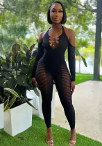 Solid Color Halter Neck Chain Sleeve Hollow See-Through Low Back Sexy Tight Fitting Jumpsuit