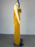Women's Autumn Halter Neck Flower Decoration High Waist Long Dress