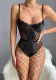 Sexy Black Pu Leather Lace Tight Fitting Strap Bodysuit With Fishnet Stockings Set