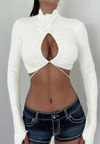 Women's Solid Color Long Sleeve T-Shirt High Collar Hollow Trend Top