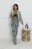 Women's Fashion Sexy Multi-Pocket Washed Denim Casual Top Pants Two-Piece Set