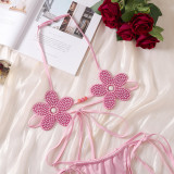 Women Flower Halter Neck Lace-Up Backless Lingerie Set
