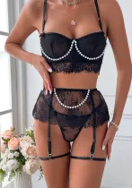 Lace See-Through Pearl Bow Sexy Lingerie Four-Piece Set