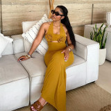 Women's Autumn Halter Neck Flower Decoration High Waist Long Dress