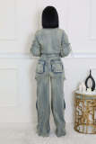 Women's Fashion Sexy Multi-Pocket Washed Denim Casual Top Pants Two-Piece Set
