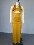 Women's Autumn Halter Neck Flower Decoration High Waist Long Dress