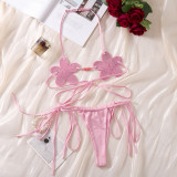 Women Flower Halter Neck Lace-Up Backless Lingerie Set