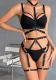 Lace-Up Cross Straps Black Hollow Halter Neck Hollow Sexy Lingerie Four-Piece Set For Women