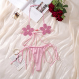 Women Flower Halter Neck Lace-Up Backless Lingerie Set