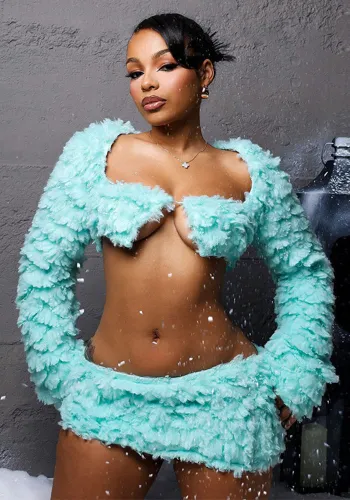 Autumn And Winter Mint Green Long Sleeve Fur Coat Short Skirt Two Piece Set