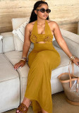 Women's Autumn Halter Neck Flower Decoration High Waist Long Dress