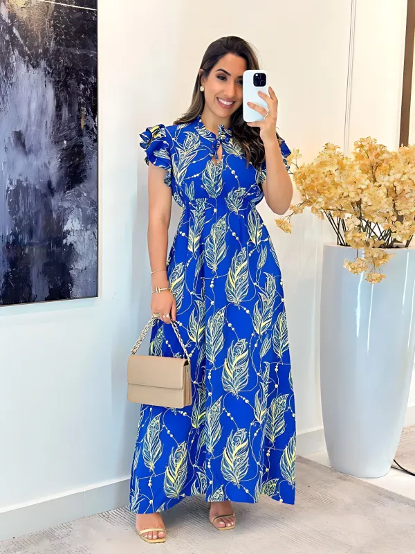 Ruffle Short Sleeve Slim Waist Chic Long Dress