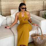 Women's Autumn Halter Neck Flower Decoration High Waist Long Dress