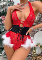 Christmas Outfit Red Halter Neck Sexy Hollow Belt Slim Fit Bodysuit Lingerie