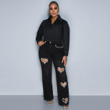 Women summer Style hollow Beaded washed Denim trousers