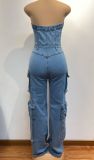 Women Strapless Button Cargo Jumpsuit