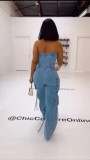 Women Strapless Button Cargo Jumpsuit