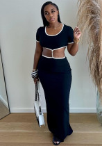 Women Summer Contrast Color Cut Out Round Neck Dress