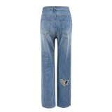 Women summer Style hollow Beaded washed Denim trousers
