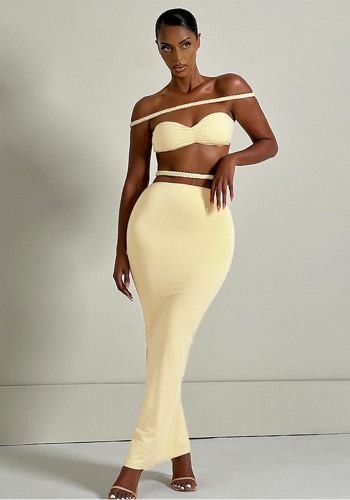 Women sexy Strapless braided shoulder-baring split Top and Maxi Skirt two-piece set