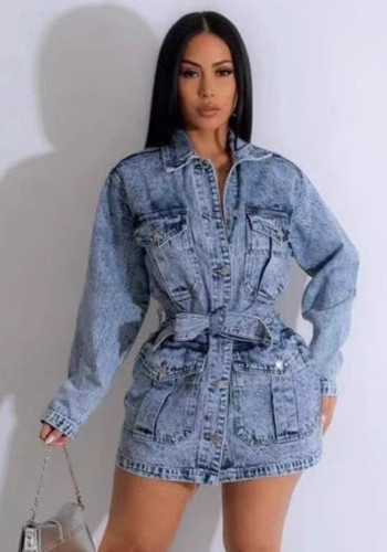 Women Turndown Collar Pocket Lace Long Sleeve Bodycon Denim Dress