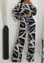 Women Fall Casual Print Off Shoulder Bat Sleeves Top and Long Pants Two-Piece Set