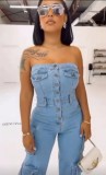 Women Strapless Button Cargo Jumpsuit