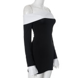 Women contrast Off Shoulder long sleeve Bodycon dress