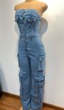 Women Strapless Button Cargo Jumpsuit