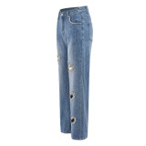 Women summer Style hollow Beaded washed Denim trousers