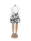 Women gold button puffy skirt shirt and printed Skirt Two Piece Set